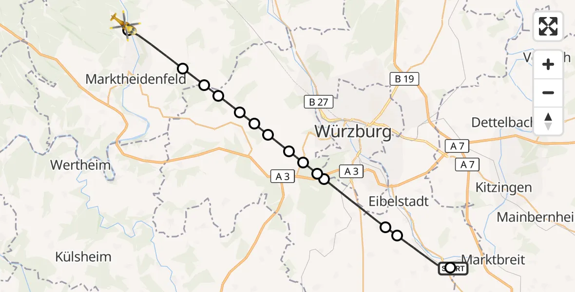 Flugroute Rettungshubschrauber Ochsenfurt Hospital - Rothenfels, 12 August 2026, 17:11