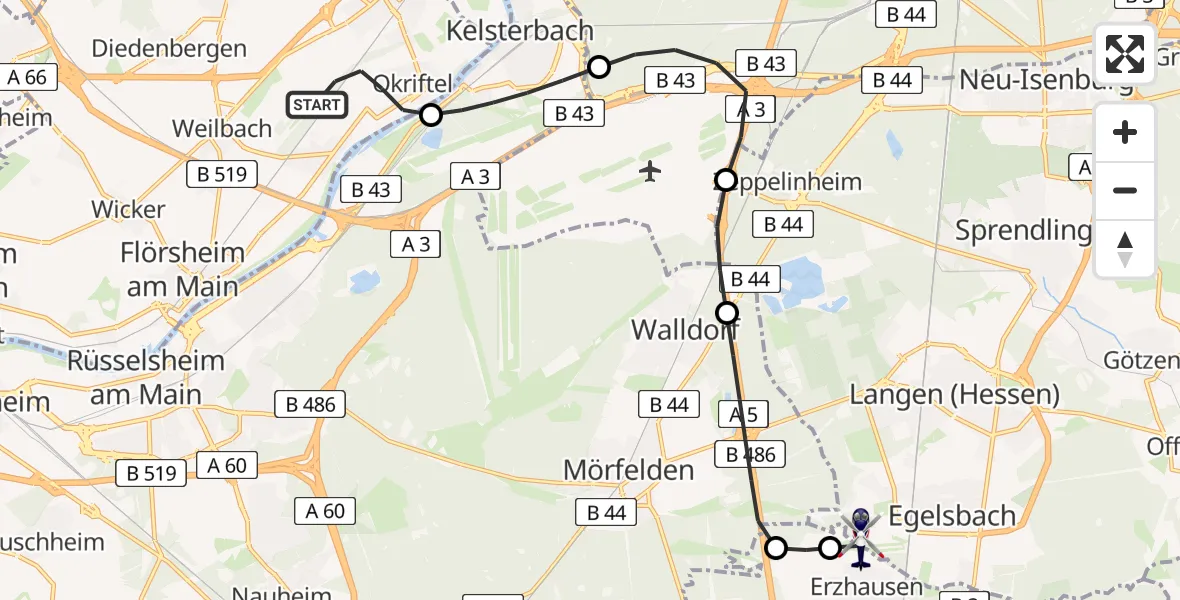 Flugroute Polizeihubschrauber Hattersheim am Main - Flughafen Frankfurt-Egelsbach, 12 August 2026, 17:13