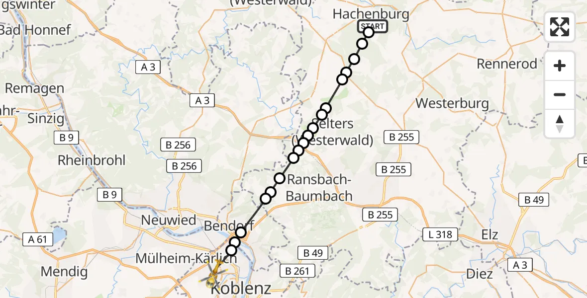 Flugroute Rettungshubschrauber Hachenburg - Koblenz, 12 August 2026, 17:18
