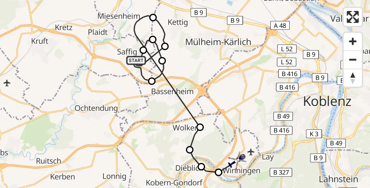 Flugroute Polizeihubschrauber Saffig - Winningen, 12 August 2026, 17:19