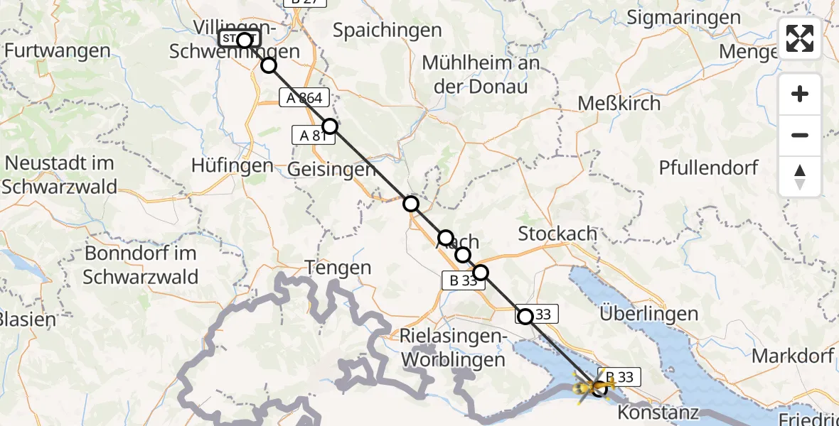 Flugroute Ambulanzhubschrauber DRF Air Rescue Station Villingen-Schwenningen Hubschrauberlandeplatz (Christoph 11) - Reichenau, 12 August 2026, 17:22