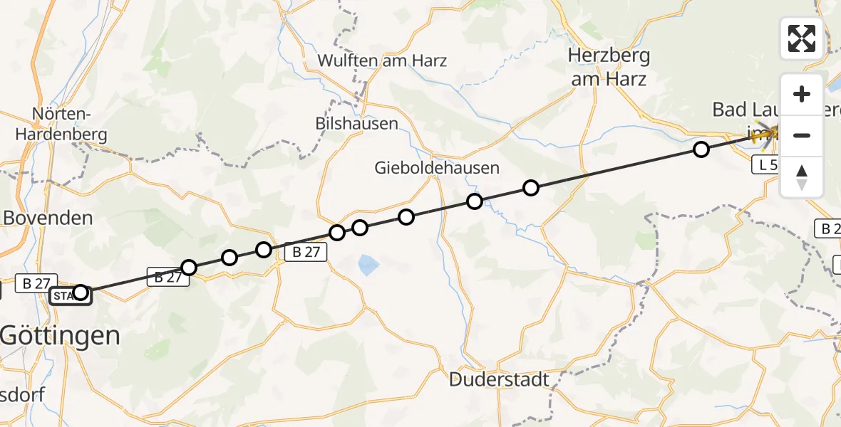 Flugroute Rettungshubschrauber Göttingen University Clinic Hubschrauberlandeplatz - Bad Lauterberg im Harz, 12 August 2026, 17:28
