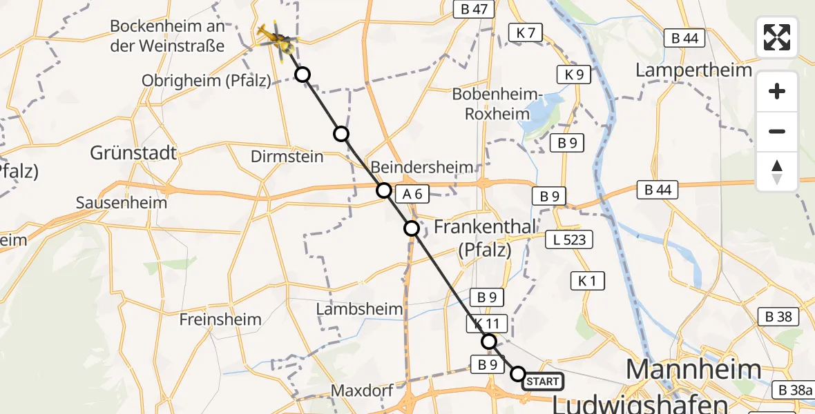 Flugroute Rettungshubschrauber Ludwigshafen Accident Hospital - Offstein, 12 August 2026, 17:29