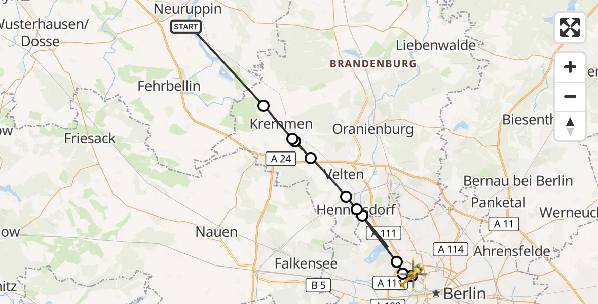 Flugroute Rettungshubschrauber Neuruppin - Charité Clinic Virchow Campus Hubschrauberlandeplatz, 12 August 2026, 17:46