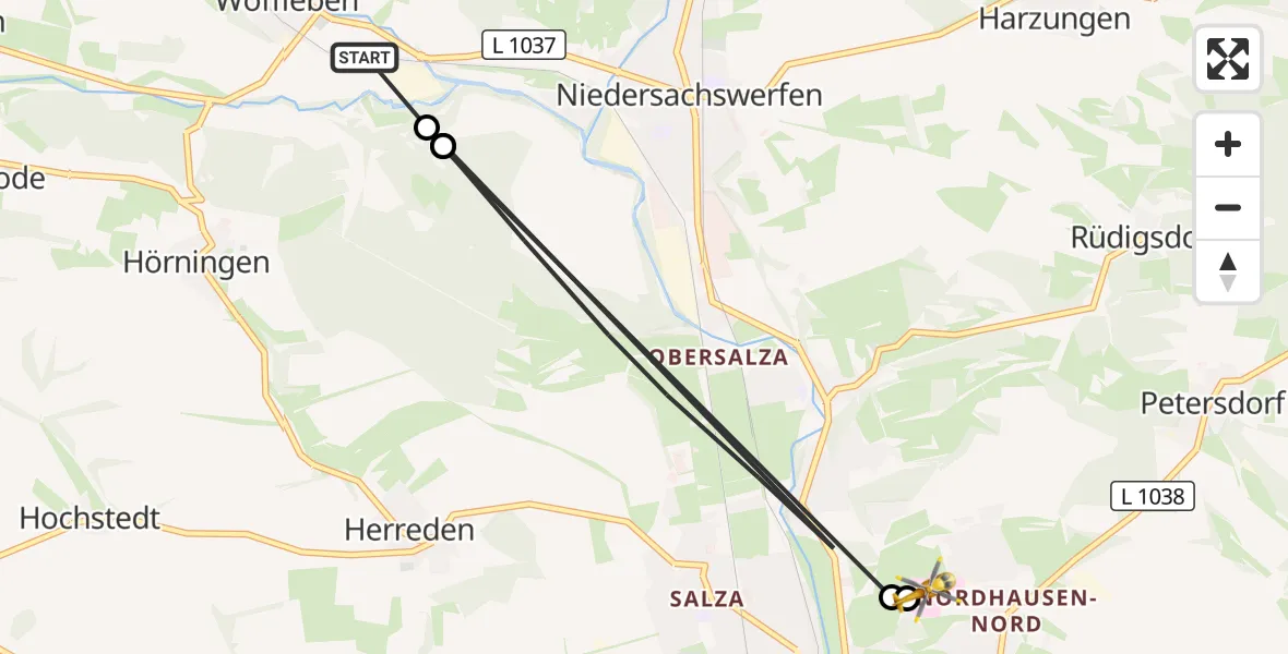 Flugroute Rettungshubschrauber Ellrich - Südharz Hospital Nordhausen, 12 August 2026, 17:47