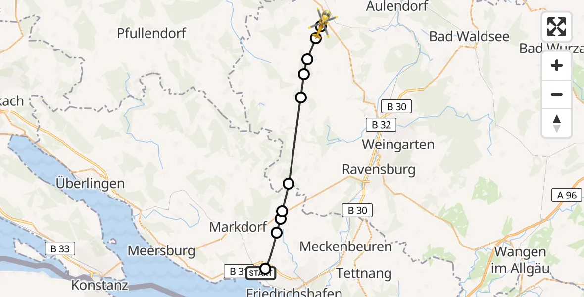 Flugroute Rettungshubschrauber Friedrichshafen Hospital - Altshausen, 12 August 2026, 17:52