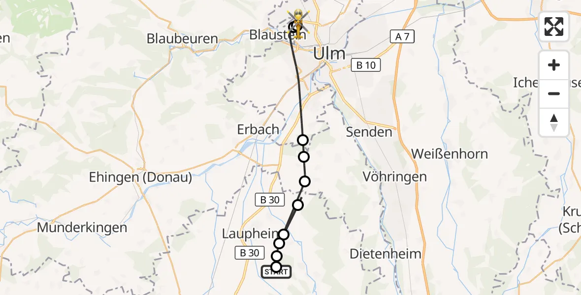 Flugroute Rettungshubschrauber Mietingen - Ulm Military Hospital Emergency, 12 August 2026, 17:53