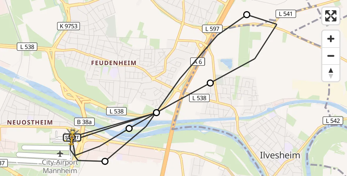 Flugroute Rettungshubschrauber Mannheim-City Flughafen - Mannheim-City Flughafen, 12 August 2026, 17:55