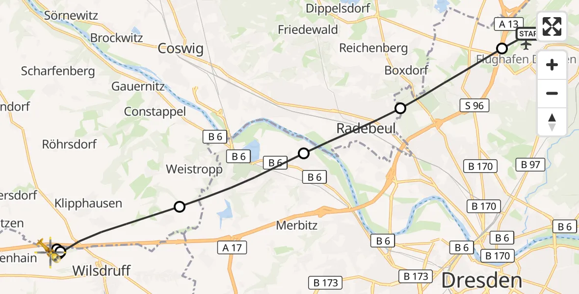 Flugroute Rettungshubschrauber Dresden Flughafen - Wilsdruff, 12 August 2026, 18:02