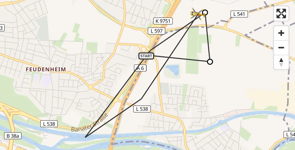 Flugroute Rettungshubschrauber Mannheim - Mannheim, 12 August 2026, 18:02
