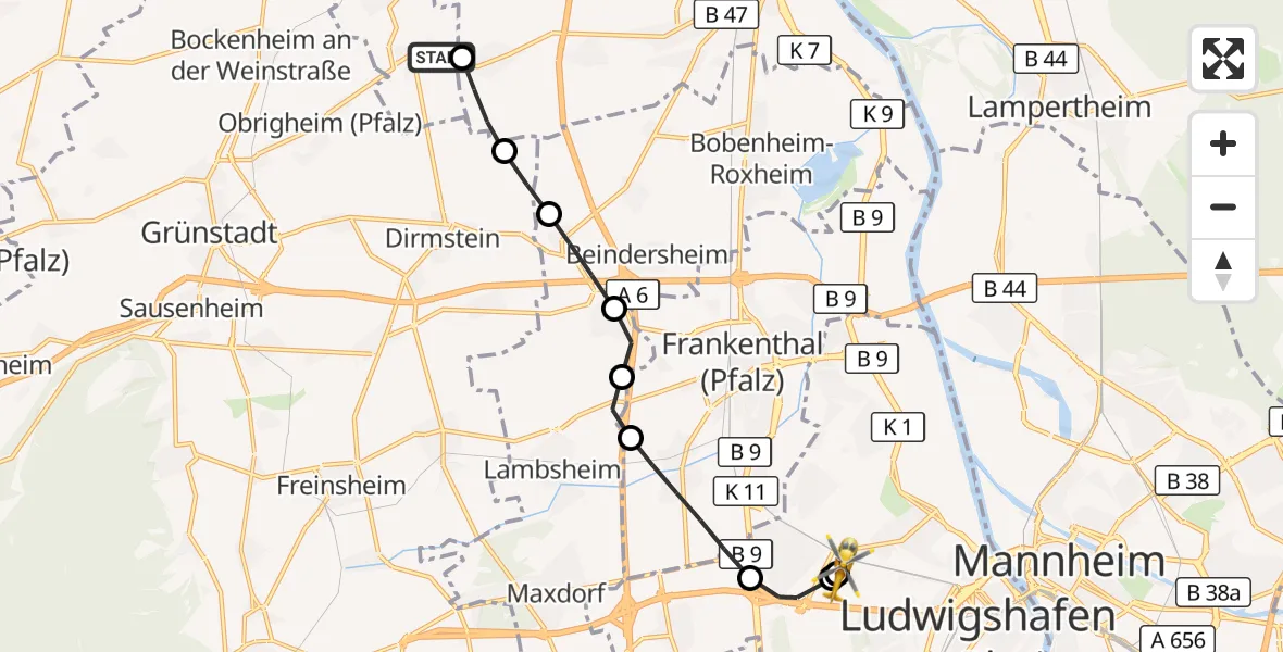 Flugroute Rettungshubschrauber Offstein - Ludwigshafen Accident Hospital, 12 August 2026, 18:09