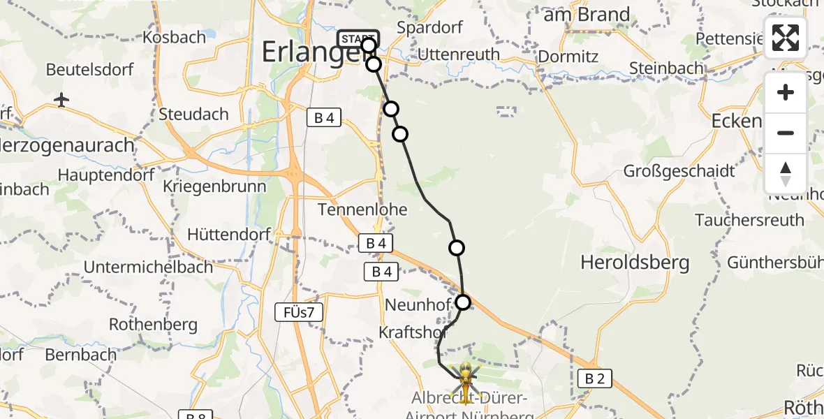 Flugroute Ambulanzhubschrauber Erlangen University Hospital Ebrardstraße - Flughafen Nuremberg, 12 August 2026, 18:10