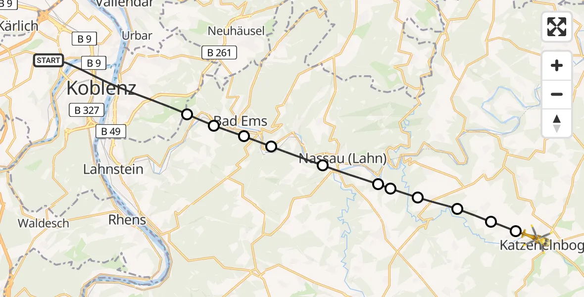 Flugroute Rettungshubschrauber Koblenz - Klingelbach, 12 August 2026, 18:17