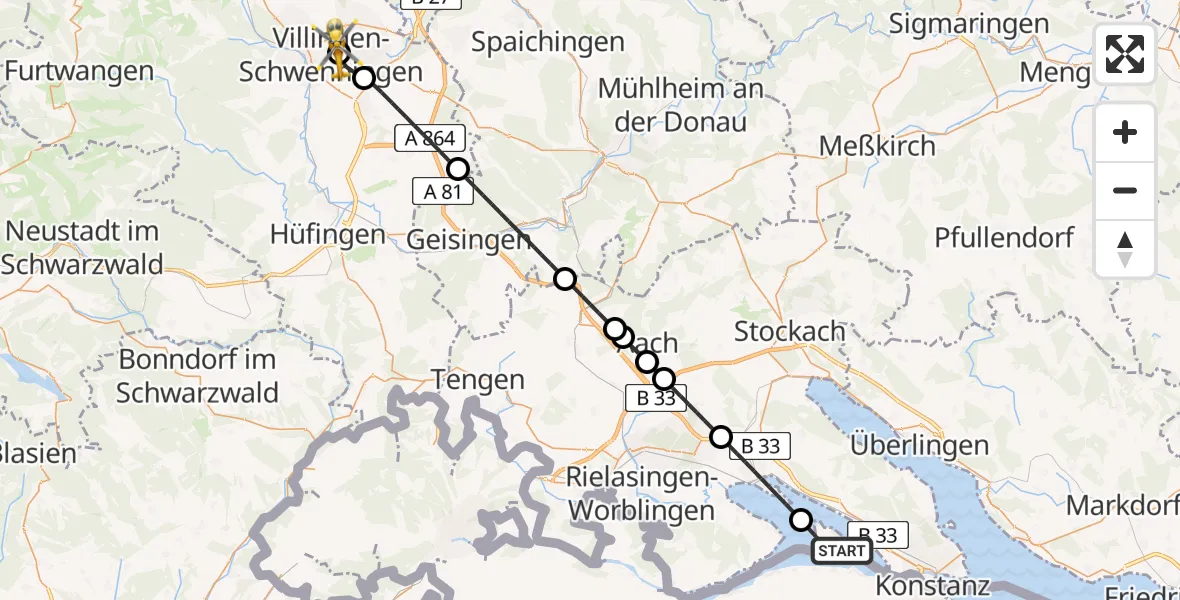 Flugroute Ambulanzhubschrauber Reichenau - DRF Air Rescue Station Villingen-Schwenningen Hubschrauberlandeplatz (Christoph 11), 12 August 2026, 18:25