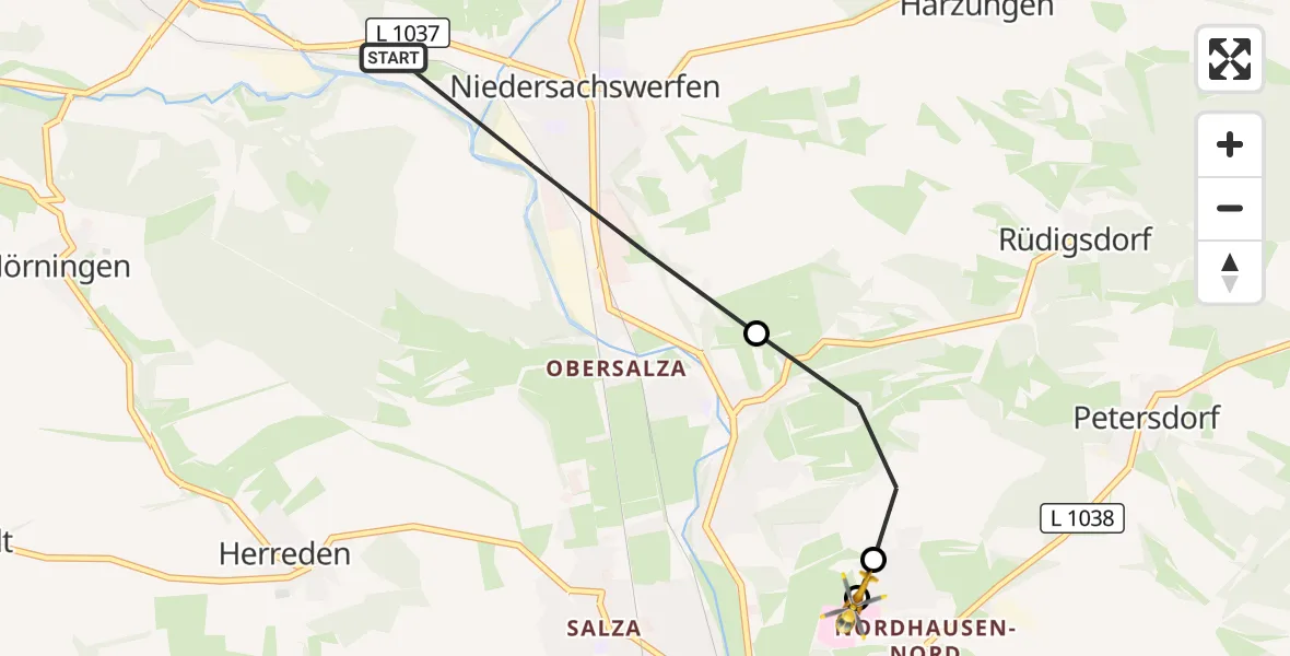 Flugroute Rettungshubschrauber Harztor - Südharz Hospital Nordhausen, 12 August 2026, 18:27