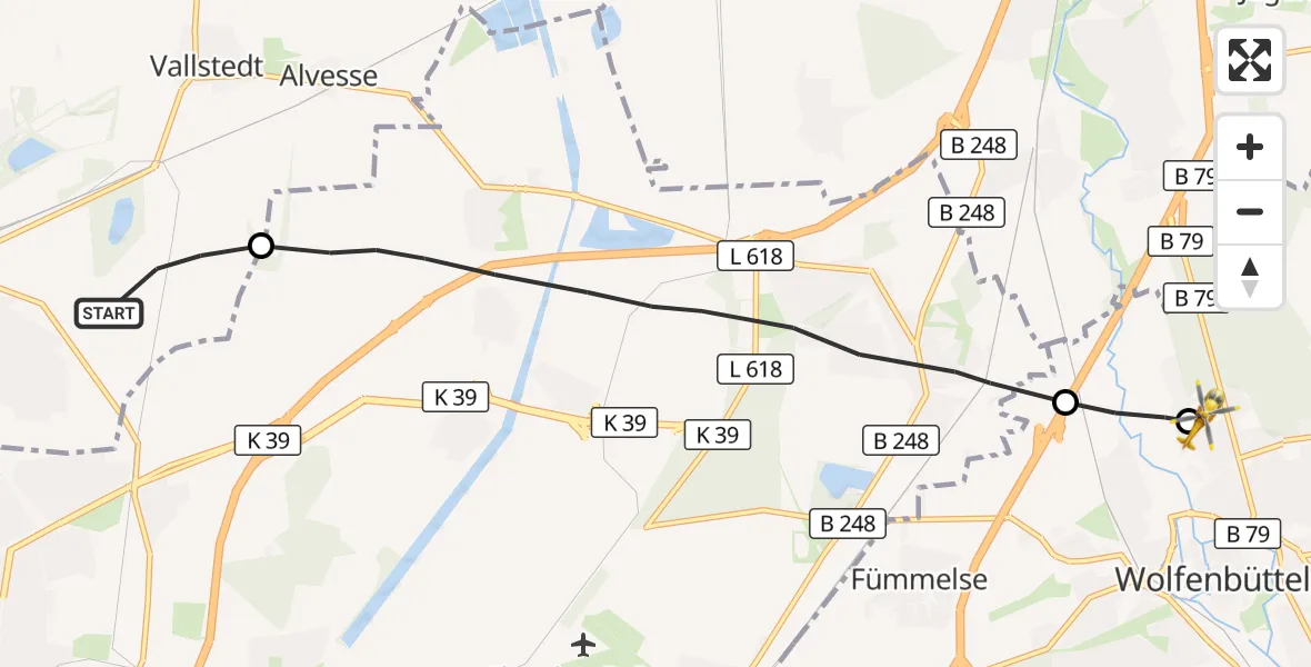 Flugroute Rettungshubschrauber Lengede - Wolfenbüttel Municipal Hospital Heliport (Christoph 30), 12 August 2026, 18:27