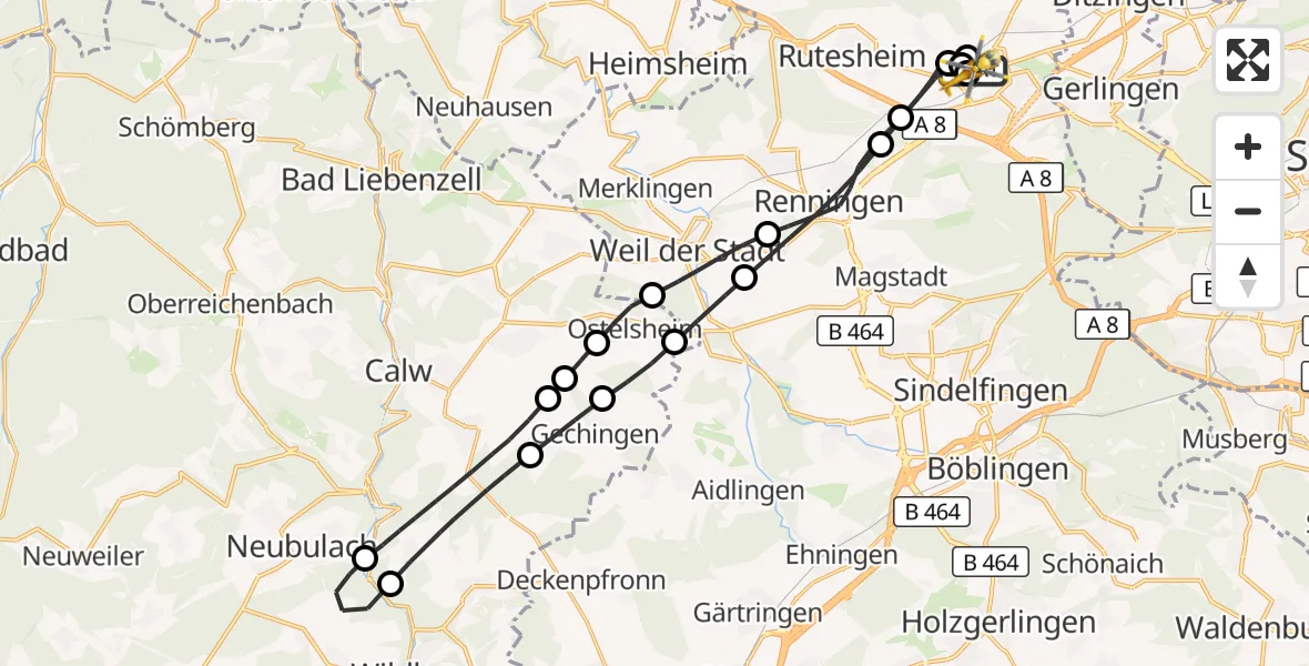 Flugroute Rettungshubschrauber Leonberg Hospital - Leonberg Hospital, 12 August 2026, 18:31
