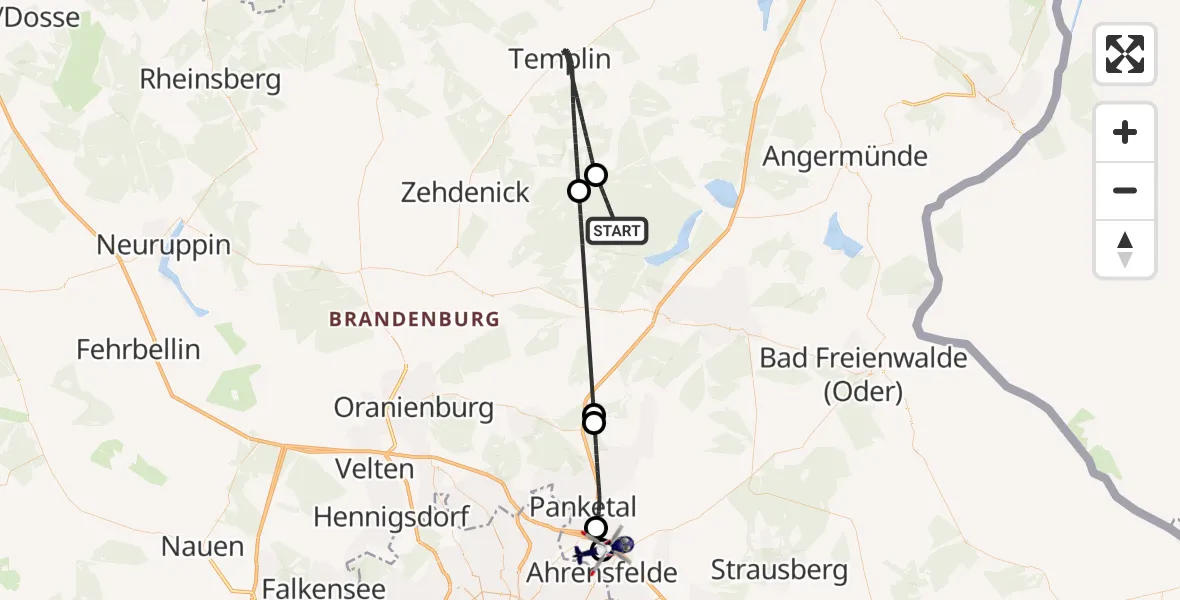 Flugroute Polizeihubschrauber Schorfheide - Ahrensfelde Hubschrauberlandeplatz, 12 August 2026, 18:37