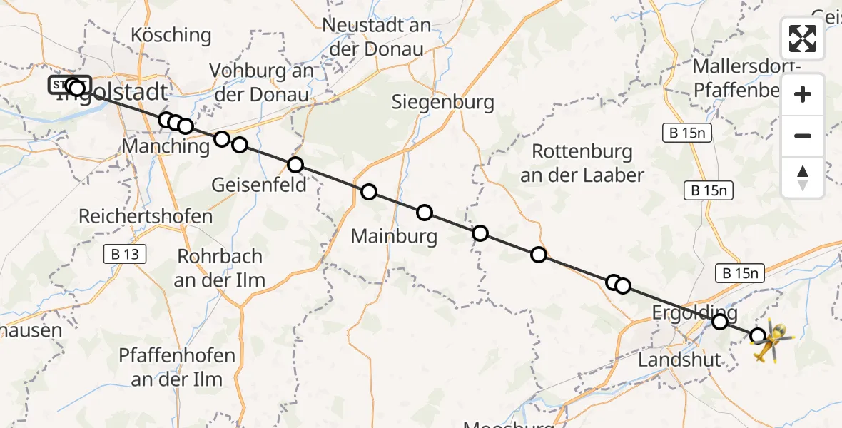 Flugroute Rettungshubschrauber Ingolstadt Hospital - Adlkofen, 12 August 2026, 18:39
