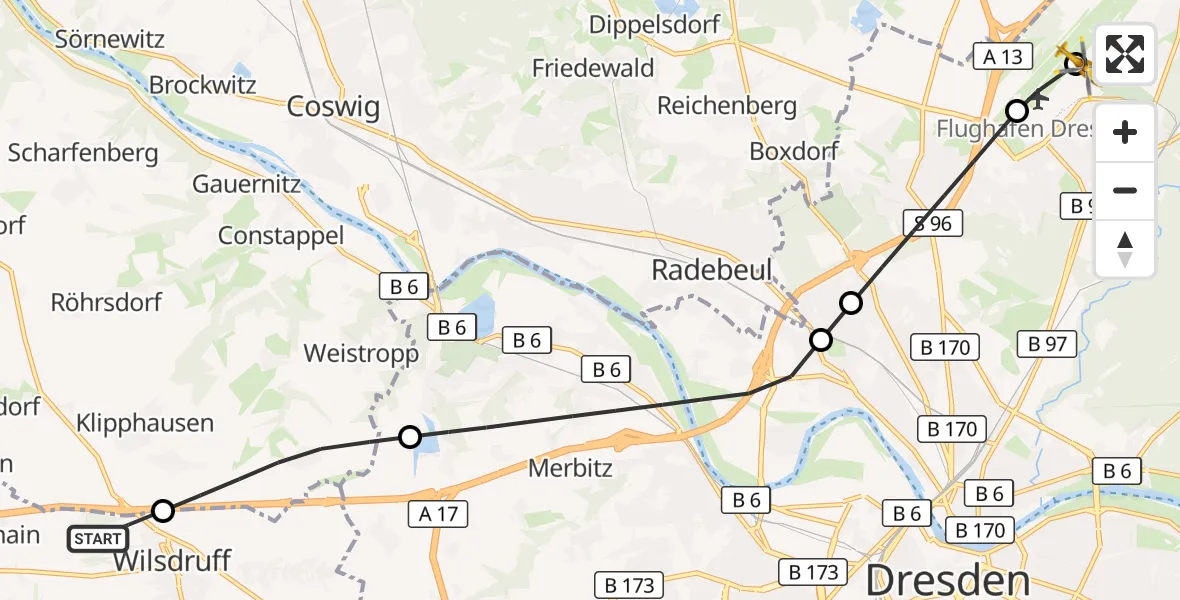 Flugroute Rettungshubschrauber Wilsdruff - Dresden Bundespolizei Hubschrauberlandeplatz, 12 August 2026, 18:40
