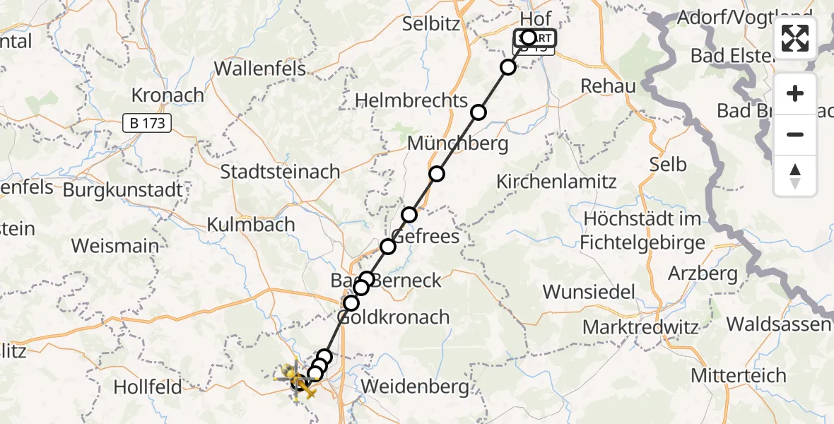 Flugroute Rettungshubschrauber Sana Clinic Hof Hubschrauberlandeplatz - Bayreuth Hospital, 12 August 2026, 18:41