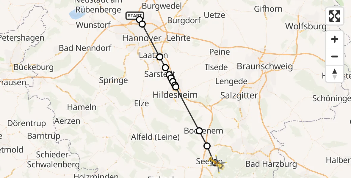 Flugroute Rettungshubschrauber Flughafen Hannover - Harz (Landkreis Goslar), 12 August 2026, 18:50