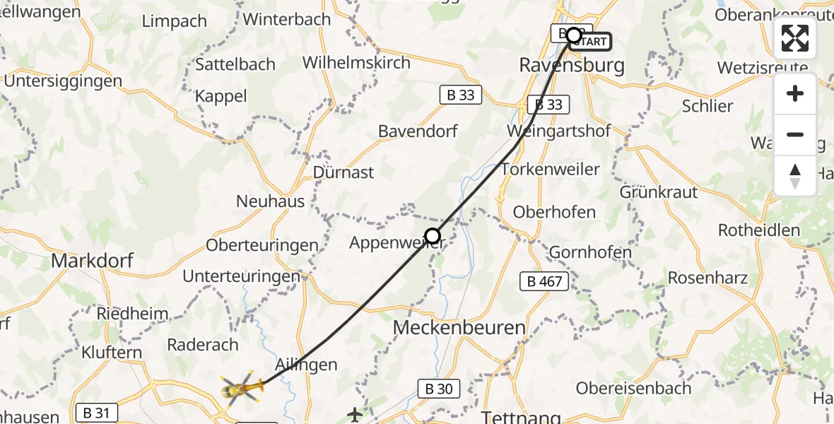 Flugroute Rettungshubschrauber Sankt Elisabeth Hospital - Friedrichshafen, 12 August 2026, 18:56