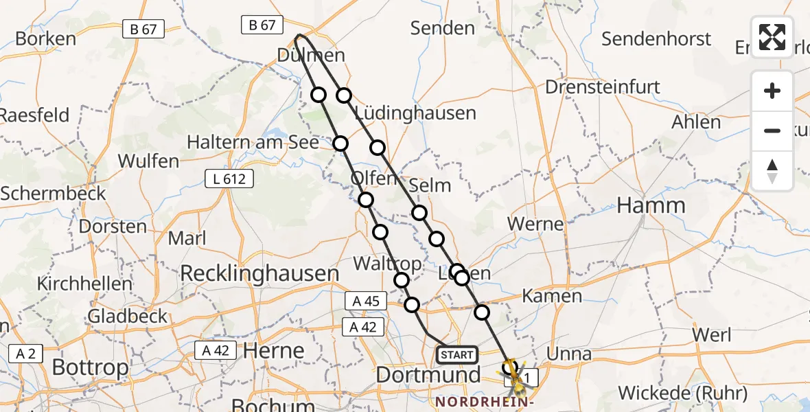 Flugroute Rettungshubschrauber Dortmund - Dortmund Flughafen, 12 August 2026, 19:07