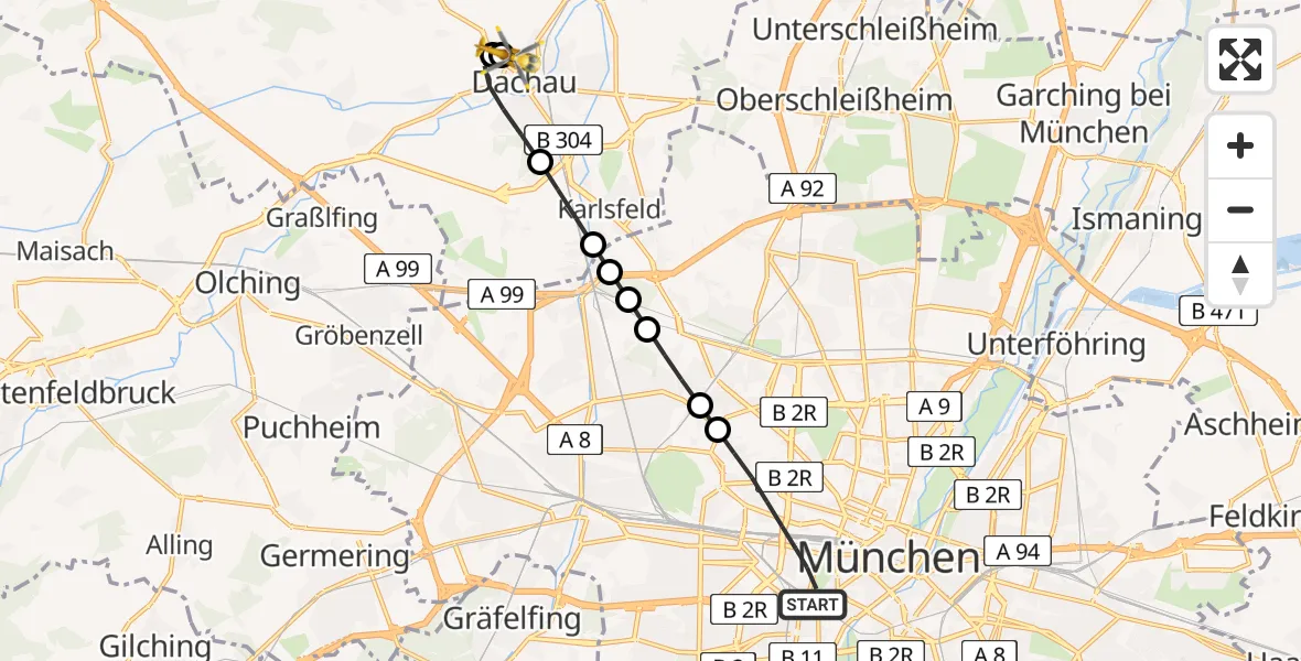 Flugroute Rettungshubschrauber München - Helios Clinic Dachau, 12 August 2026, 19:06