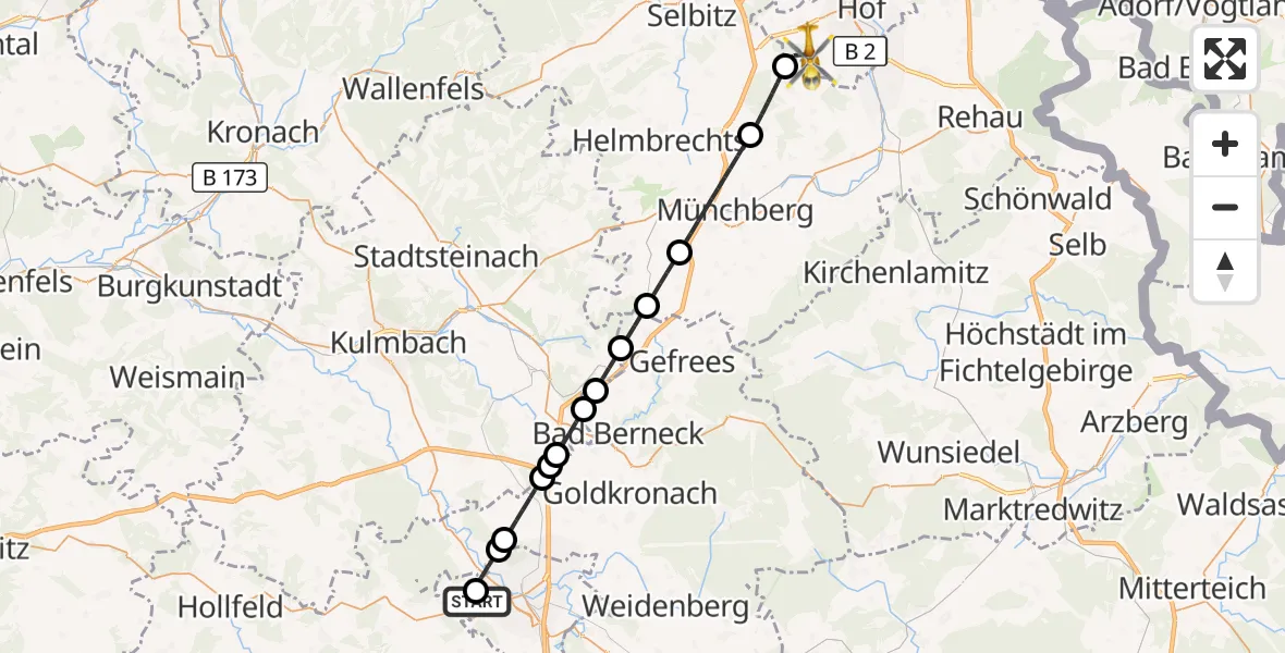 Flugroute Rettungshubschrauber Bayreuth Hospital - Hof-Plauen Flughafen, 12 August 2026, 19:07