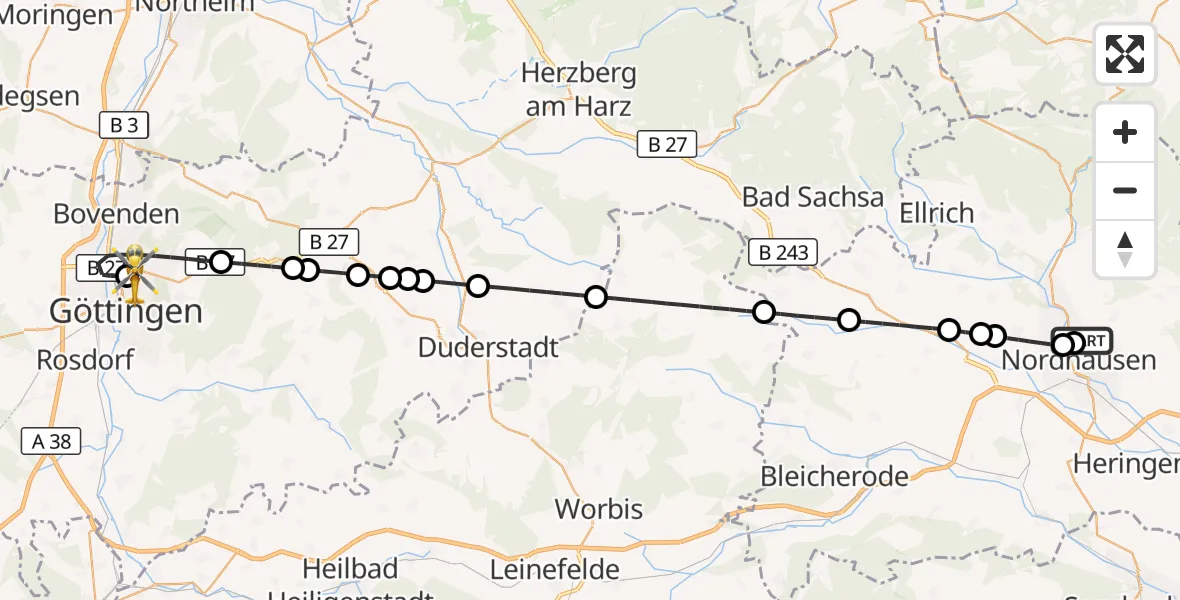 Flugroute Rettungshubschrauber Südharz Hospital Nordhausen - Göttingen University Clinic Hubschrauberlandeplatz, 12 August 2026, 19:07