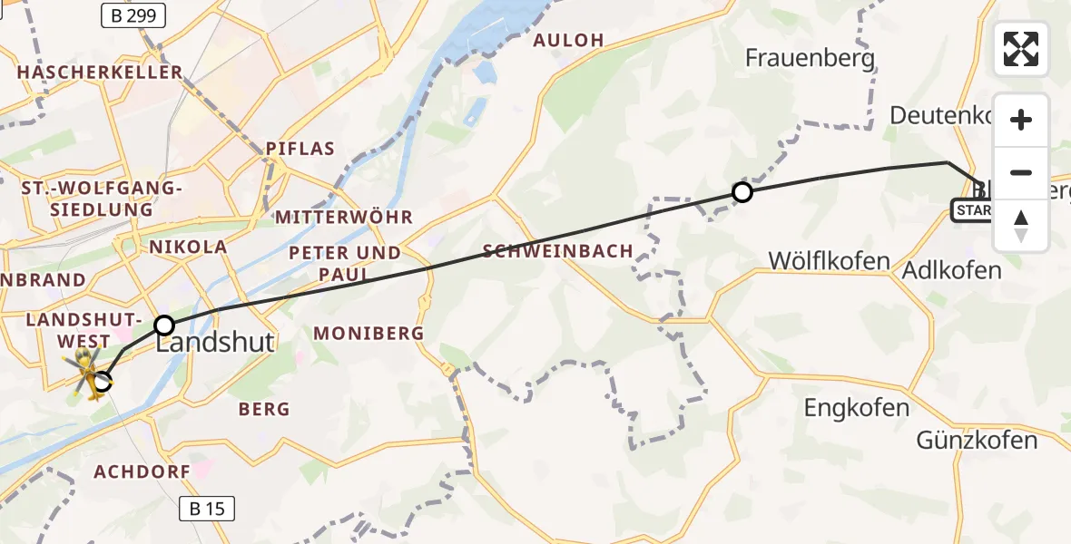 Flugroute Rettungshubschrauber Adlkofen - Landshut, 12 August 2026, 19:15