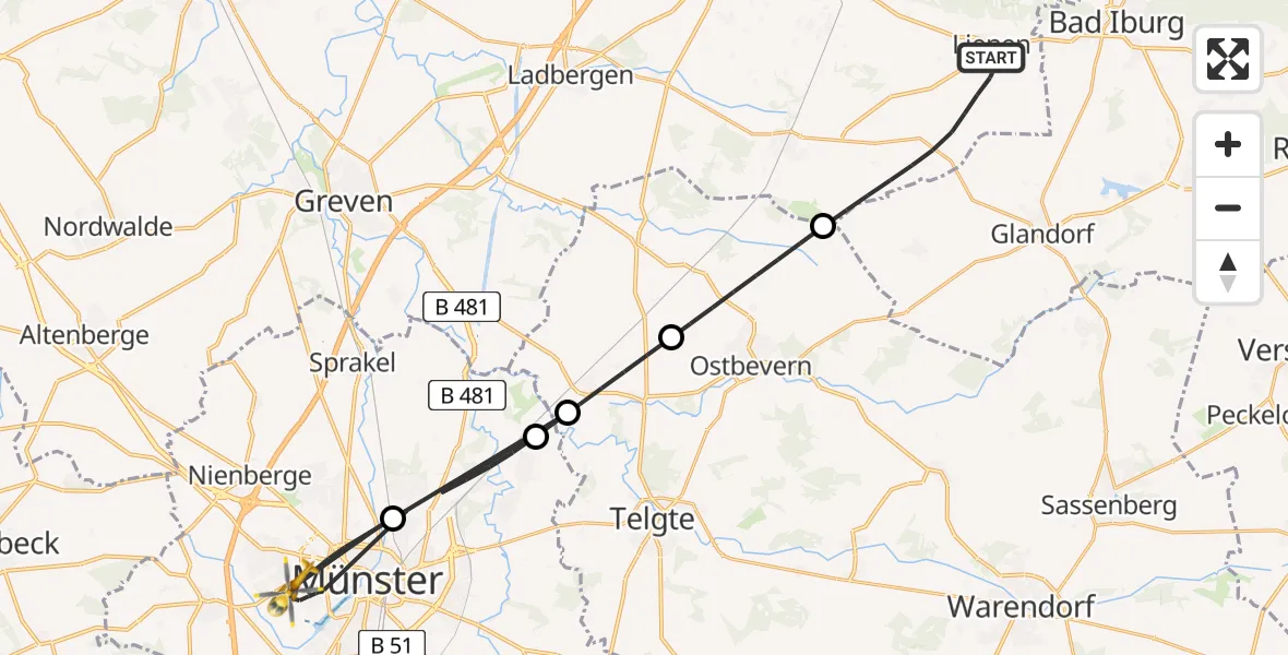 Flugroute Ambulanzhubschrauber Lienen - Münster, 12 August 2026, 19:19