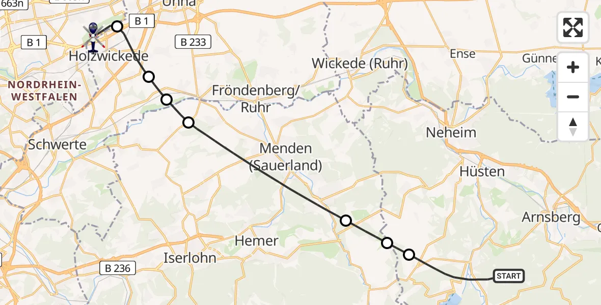 Flugroute Polizeihubschrauber Sundern (Sauerland) - Dortmund Flughafen, 12 August 2026, 19:21