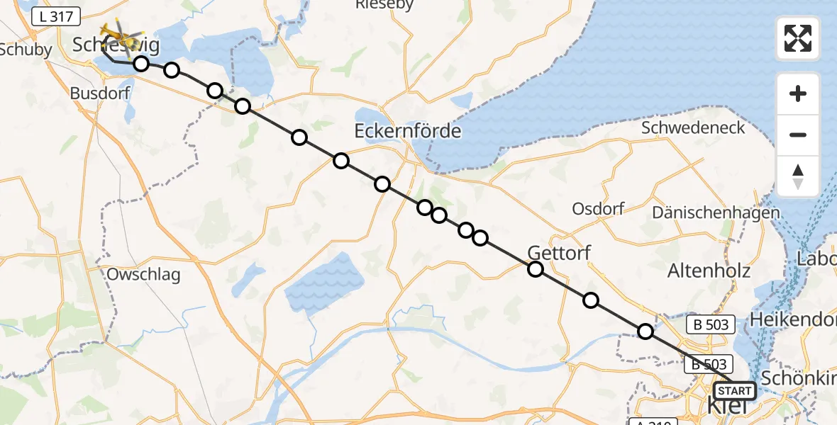 Flugroute Ambulanzhubschrauber Kiel - Schleswig, 12 August 2026, 19:21