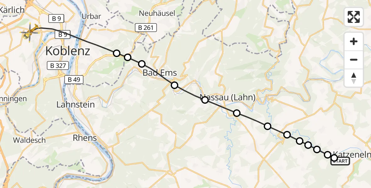 Flugroute Rettungshubschrauber Klingelbach - Koblenz, 12 August 2026, 19:23