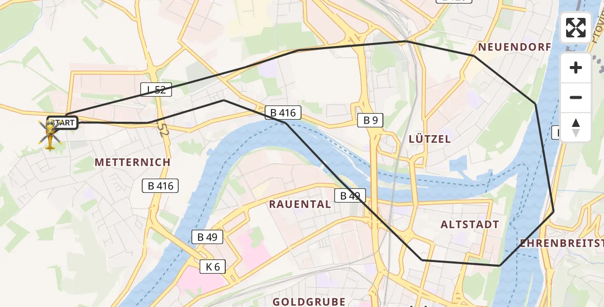 Flugroute Rettungshubschrauber Koblenz - Koblenz, 12 August 2026, 19:33