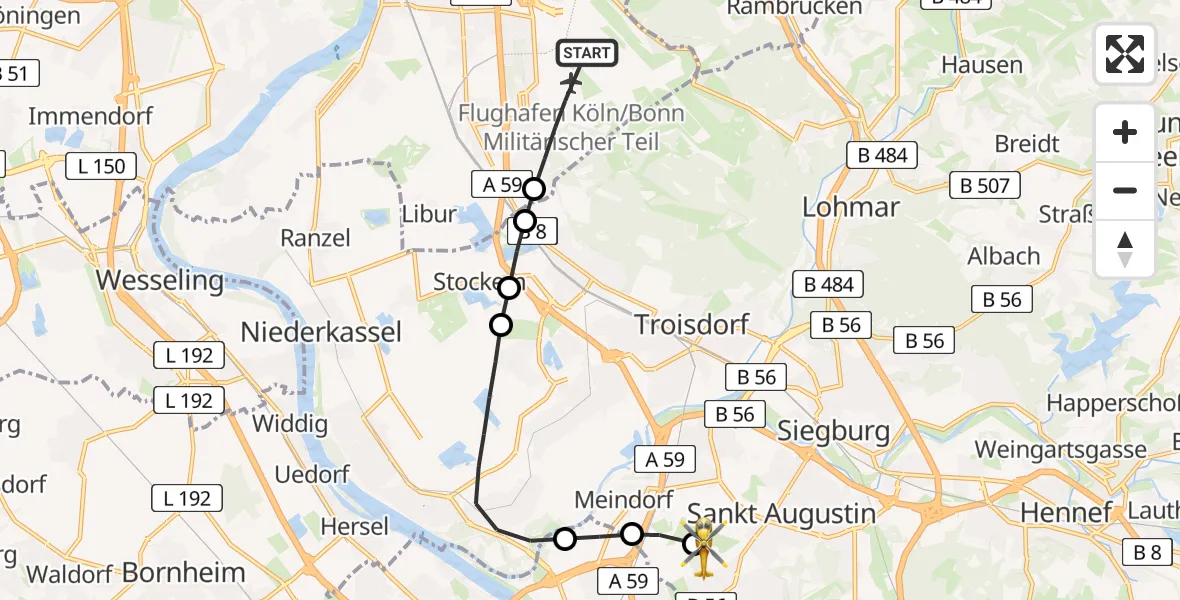 Flugroute Ambulanzhubschrauber Köln Bonn Flughafen - Bonn-Hangelar Flugplatz, 12 August 2026, 19:35