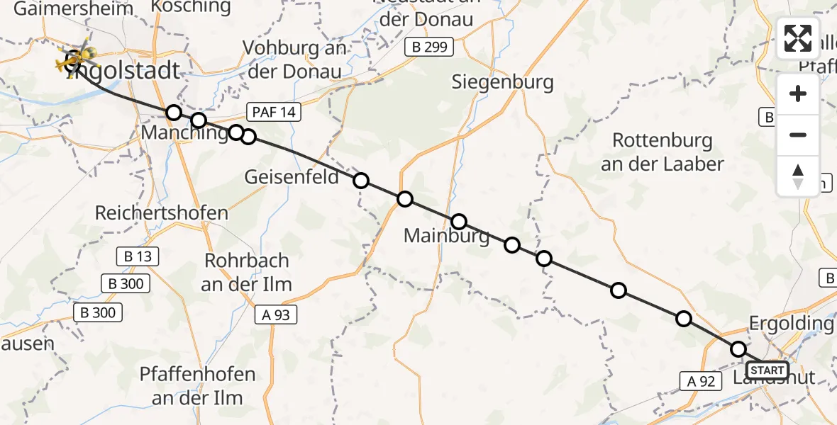 Flugroute Rettungshubschrauber Landshut - Ingolstadt Hospital, 12 August 2026, 19:44