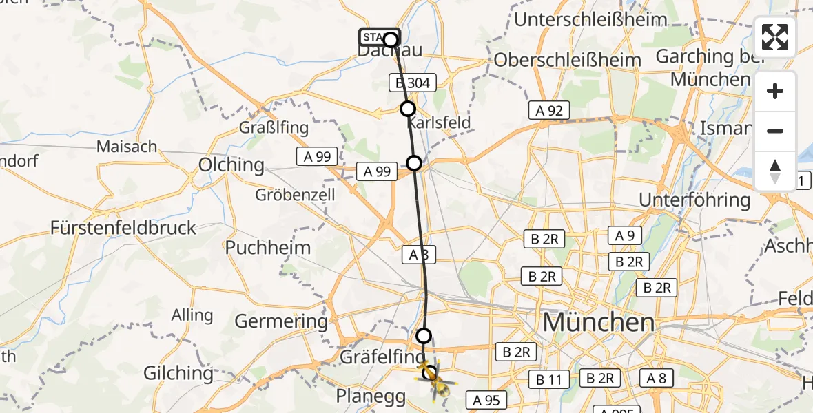 Flugroute Rettungshubschrauber Helios Clinic Dachau - DRF Air Rescue München Hubschrauberlandeplatz, 12 August 2026, 19:51
