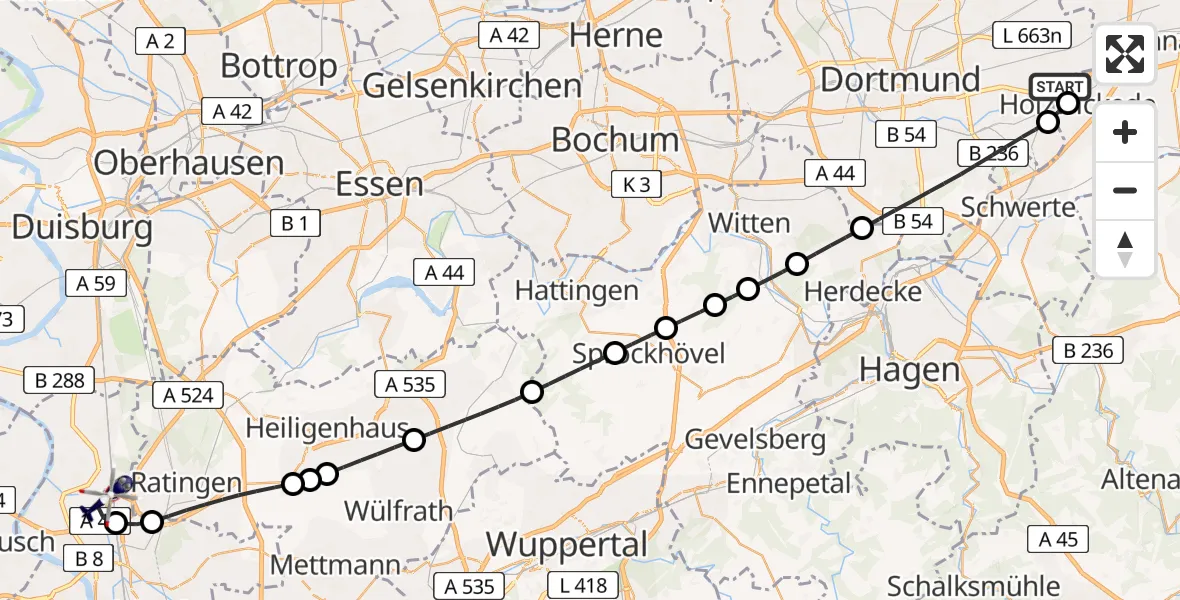 Flugroute Polizeihubschrauber Dortmund Flughafen - Düsseldorf Flughafen, 12 August 2026, 19:59