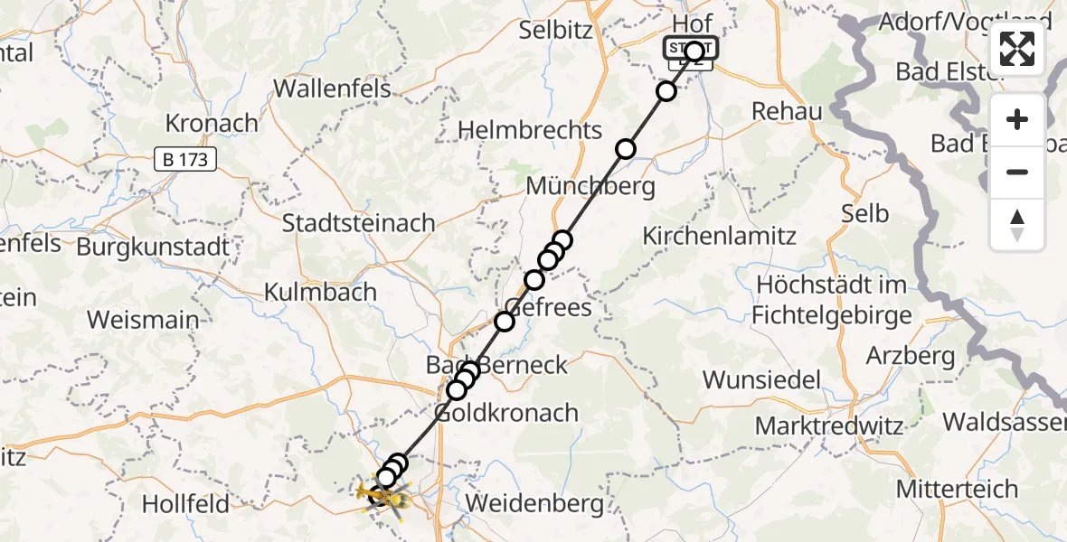 Flugroute Rettungshubschrauber Sana Clinic Hof Hubschrauberlandeplatz - Bayreuth Hospital, 12 August 2026, 20:07
