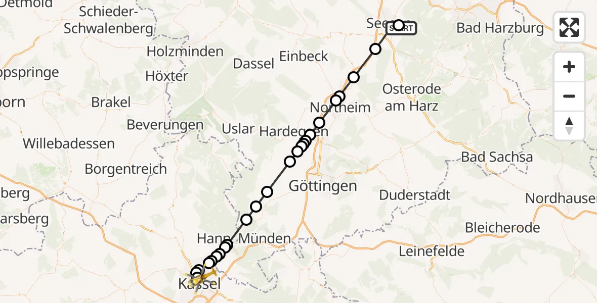 Flugroute Rettungshubschrauber Harz (Landkreis Goslar) - Kassel, 12 August 2026, 20:31