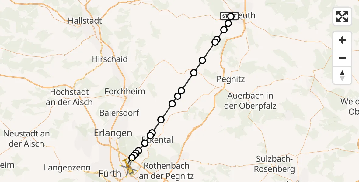 Flugroute Rettungshubschrauber Bayreuth Hospital - Flughafen Nuremberg, 12 August 2026, 20:45