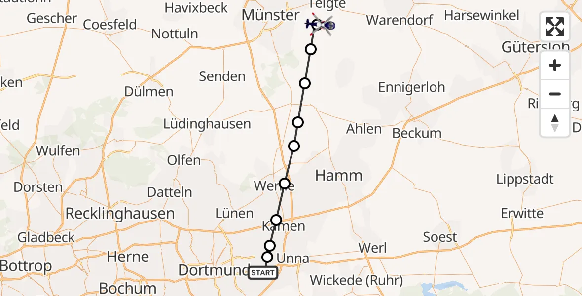 Flugroute Polizeihubschrauber Dortmund Flughafen - Telgte, 12 August 2026, 20:53