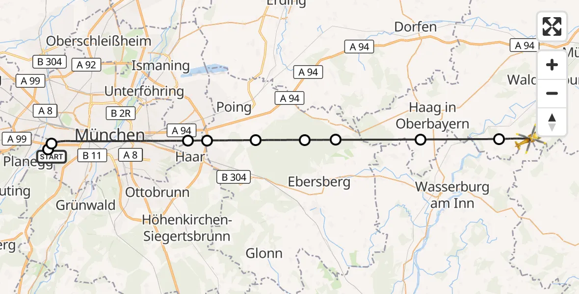 Flugroute Rettungshubschrauber DRF Air Rescue München Hubschrauberlandeplatz - Unterreit, 12 August 2026, 21:43