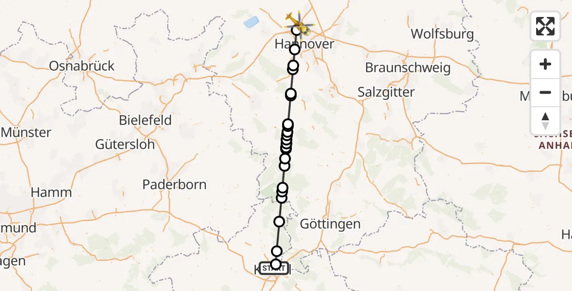 Flugroute Rettungshubschrauber Kassel - Flughafen Hannover, 12 August 2026, 21:51