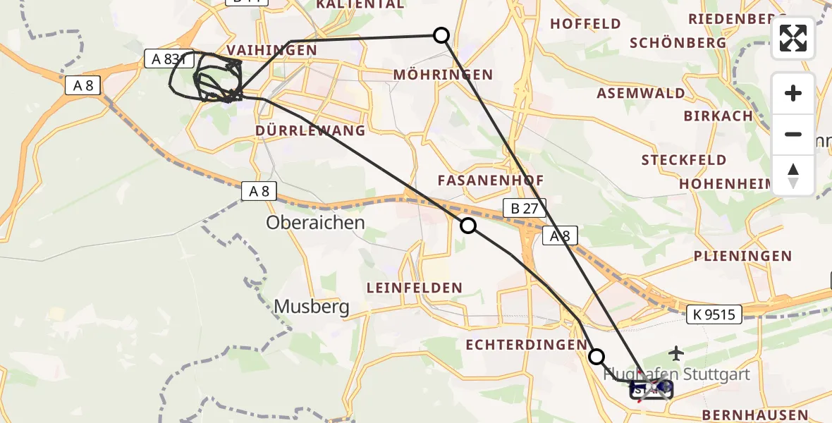 Flugroute Polizeihubschrauber Flughafen Stuttgart - Flughafen Stuttgart, 12 August 2026, 21:55