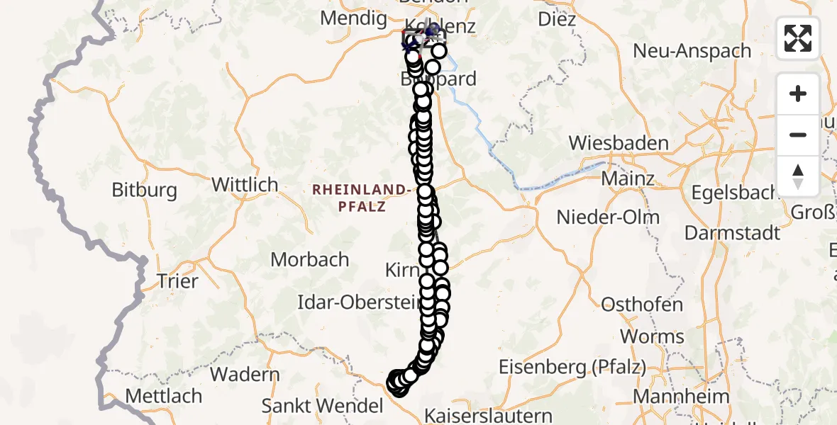 Flugroute Polizeihubschrauber Koblenz - Koblenz-Winningen Flugplatz, 12 August 2026, 22:08