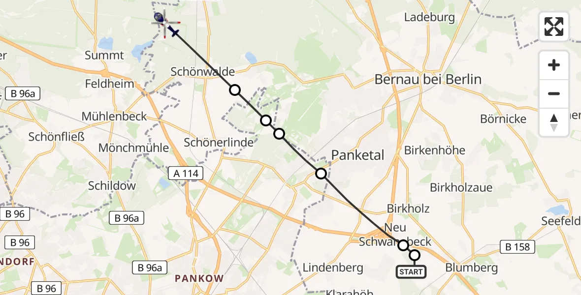Flugroute Polizeihubschrauber Ahrensfelde Hubschrauberlandeplatz - Wandlitz, 12 August 2026, 23:46